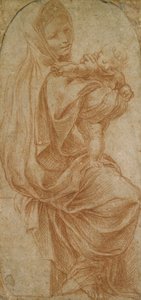 聖母子（クリーム紙に赤いチョーク） 作： Lodovico Carracci